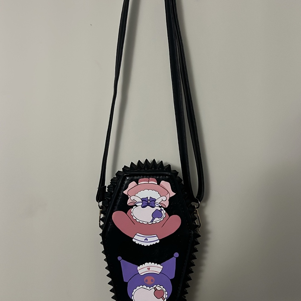 Hand-painted coffin bag featuring Kuromi and My Melody.